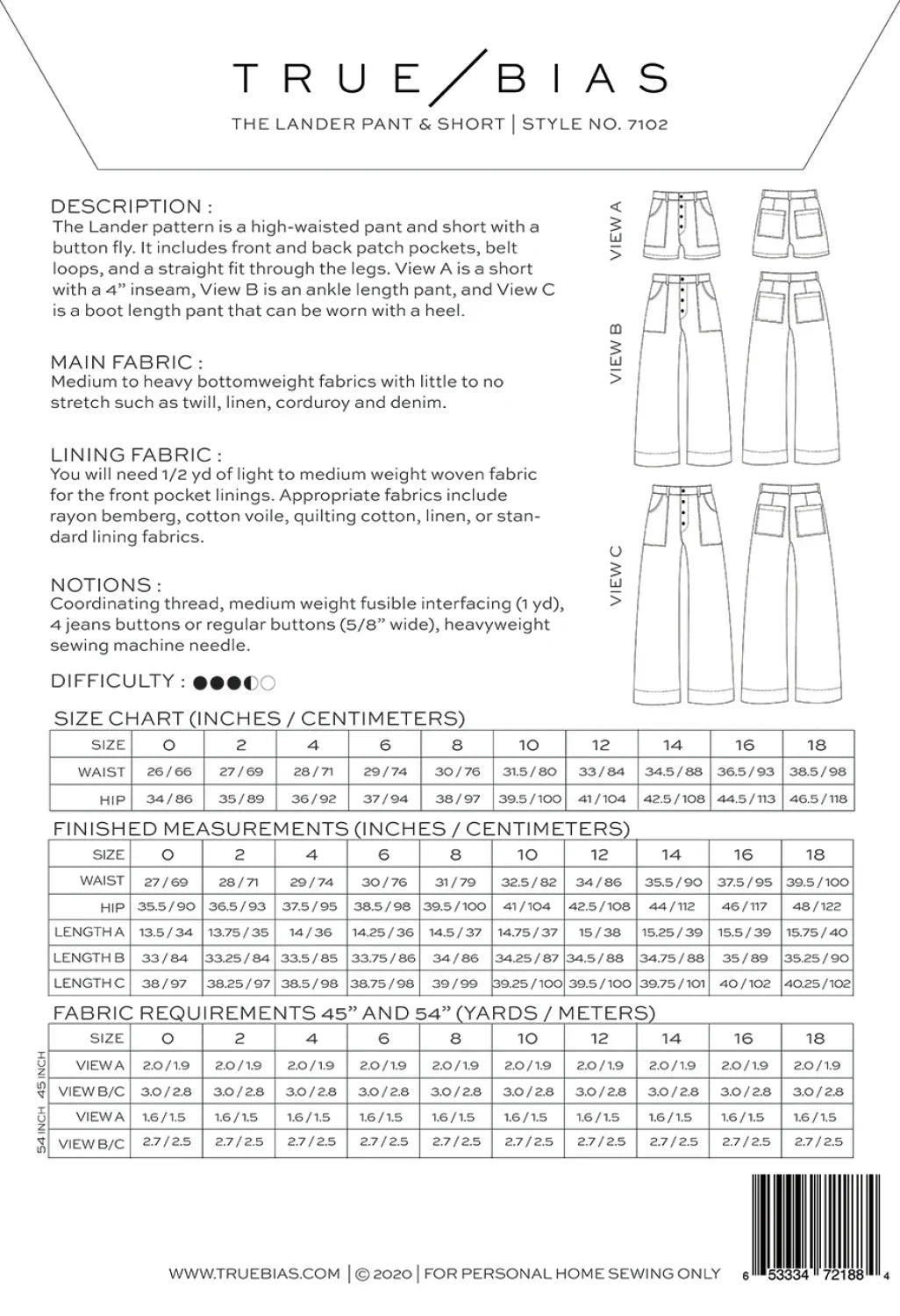 Lander Pant & Short sizes 0-18 Pattern by TrueBias Patterns