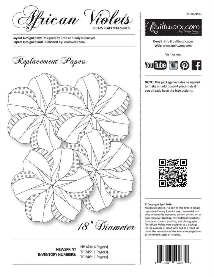 African Violets Placemat REPLACEMENT Papers by Quiltworx