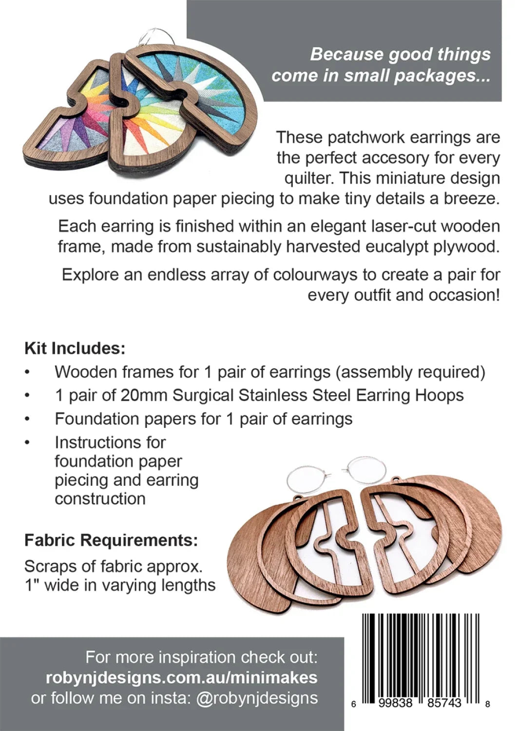 Moon Patchwork Earrings Kit and Pattern - Eucalypt by Robyn J Designs