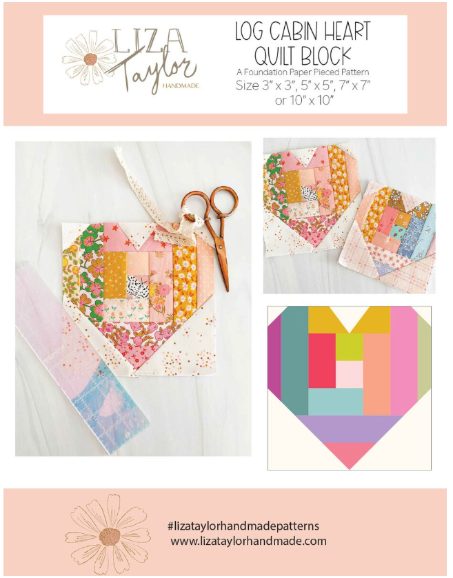 Liza Taylor Handmade Log Cabin Heart Quilt Block Pattern