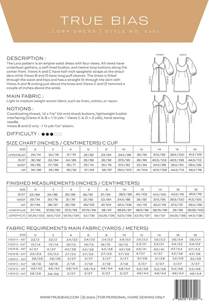 Lora Dress Sizes 0-18 Pattern by TrueBias Patterns